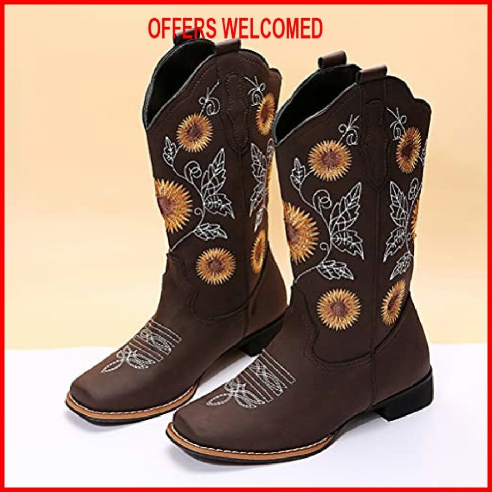 Women's Mid Calf Cowboy Boots Sunflower Embroidery Low Heel Square Toe - Picture 4 of 8
